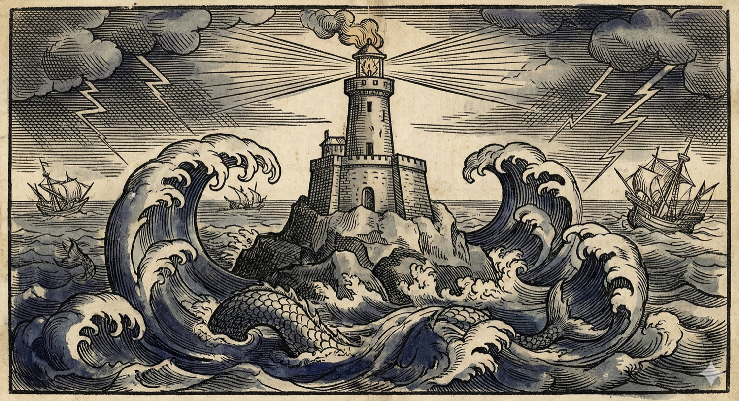 A stone lighthouse on rocky cliffs amid towering waves and sea serpents, its beacon cutting through storm clouds and lightning