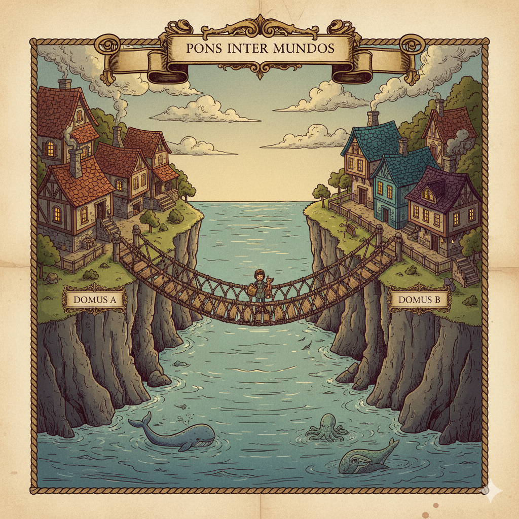 A traveler crossing a rope bridge between two cliff-top settlements, with sea monsters lurking in the waters below - titled "Pons Periculosus Inter Insulas"