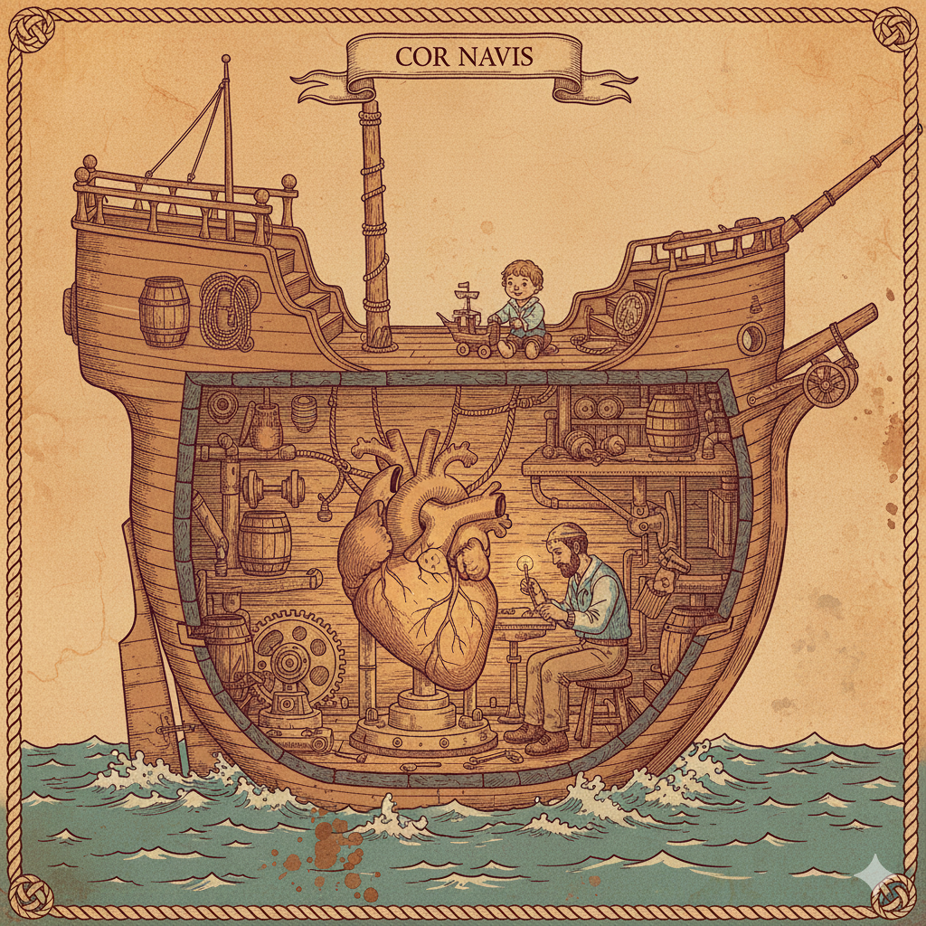 A cutaway of a ship's hull showing an anatomical heart glowing on a treasure chest, with a sailor resting nearby - titled "Cor Navis"