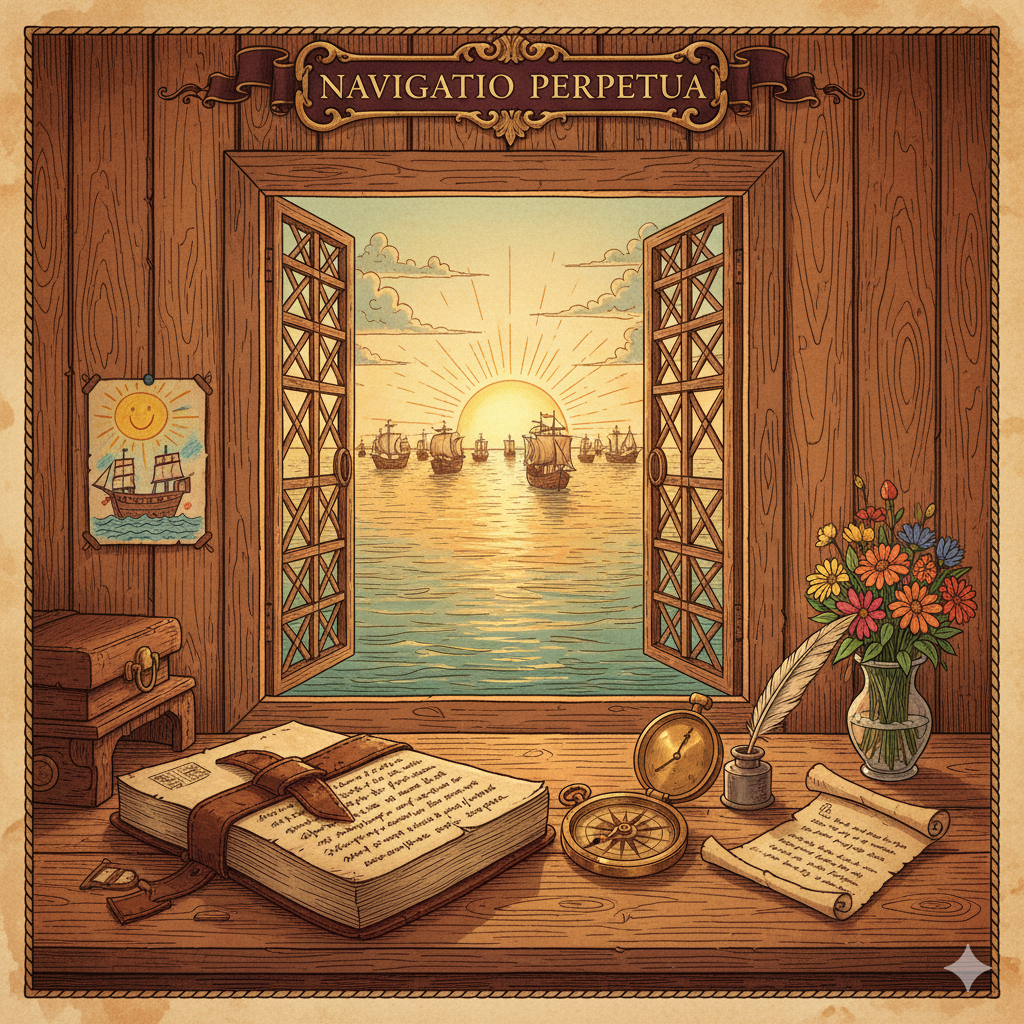 A view from inside a cabin through an open latticed window, showing a ship sailing toward a radiant sunrise on calm waters